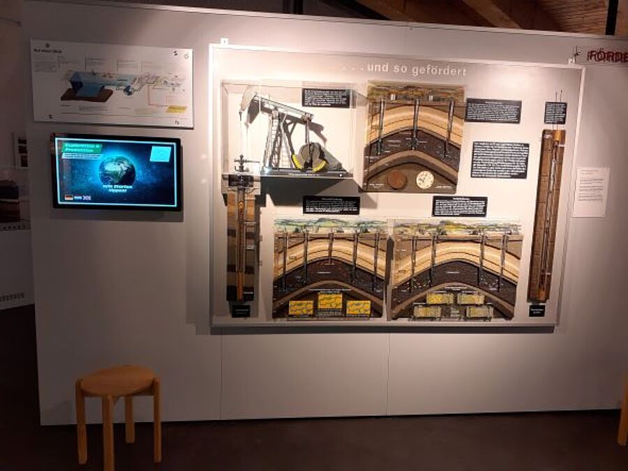 Interaktiver Touchscreen und Modell Bohren und Fördern von Öl im Erdöl-Erdgas-Museum Twist