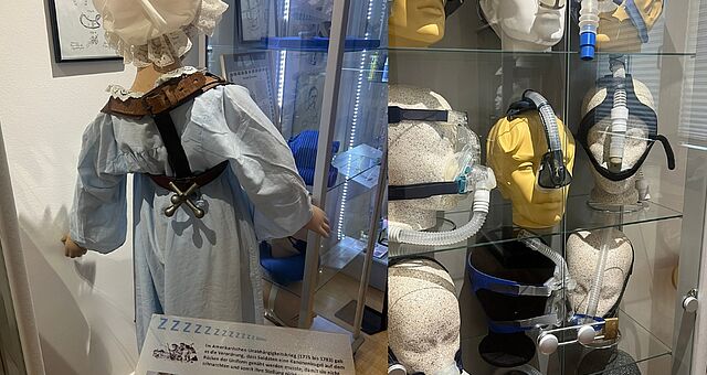Vitrine mit verschiedenen Schlaf-Masken